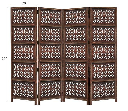 Room Divider Wood Screen - Ghanti Bells Antique Brown - 4 Panel Folding 72 x 80 - Assembled Hand Carved Decorative Functional Versatile Portable Partition Reversible Privacy Boho - COTTON CRAFT