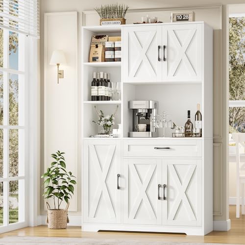 HOSTACK 71" Tall Kitchen Pantry Storage Cabinet, Farmhouse Food Pantry Cabinet with Microwave Stand, Barn Doors Kitchen Hutch with Large Drawer and Shelves for Dining Room, Ash Grey