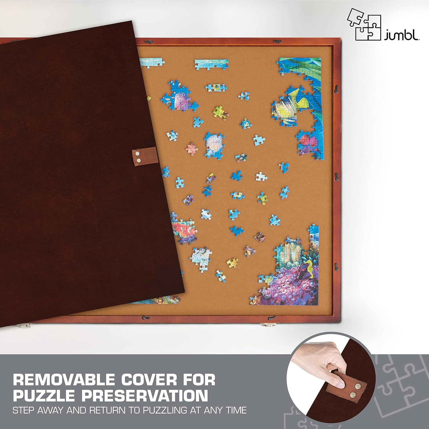 Jumbl Premium 1500-Piece Tilting Puzzle Board w/Felt Surface, 6 Removable Sorting Drawers Surface, Interlocking Cover | 27” x 35” Wooden Jigsaw Puzzle Table | Reinforced Hardwood Construction