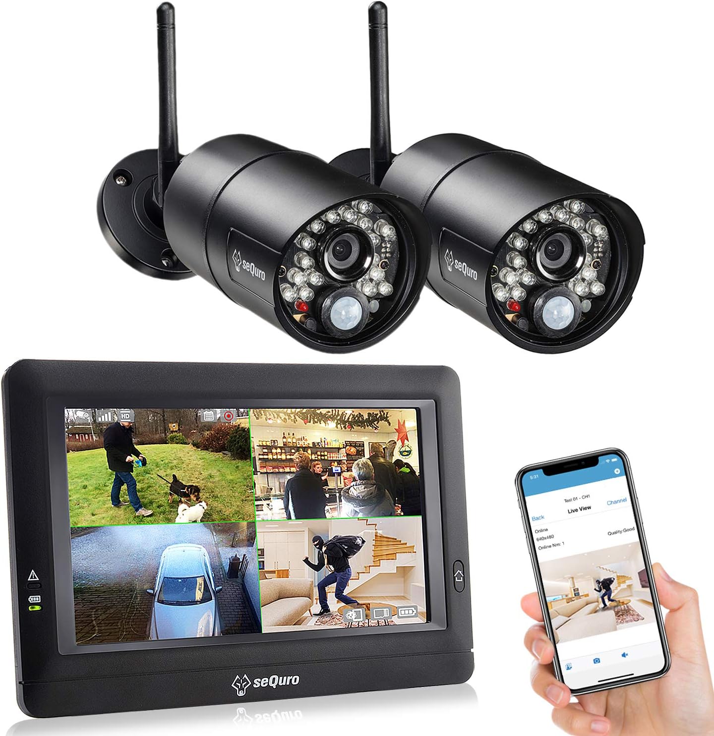 sequro GuardPro Wireless Surveillance Security Camera System Monitor, Weatherproof Outdoor Night Vision HD AC-Powered Camera and Home Surveillance 4CH Monitor DVR Kit with Smartphone Access, 2-cam Kit