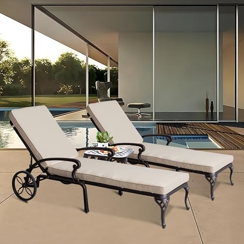 Outdoor Chaise Lounge Chairs, Set of 2 Pool Lounge Chairs Cast Aluminum Tanning Lounges with Cushion Wheels and Adjustable Reclining for Patio Outside(Beige)