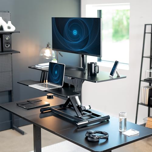 VIVO 42 inch Electric Motor Desk Converter, Height Adjustable Riser, Sit to Stand Dual Monitor and Laptop Workstation with Wide Keyboard Tray, Black, DESK-VE42B
