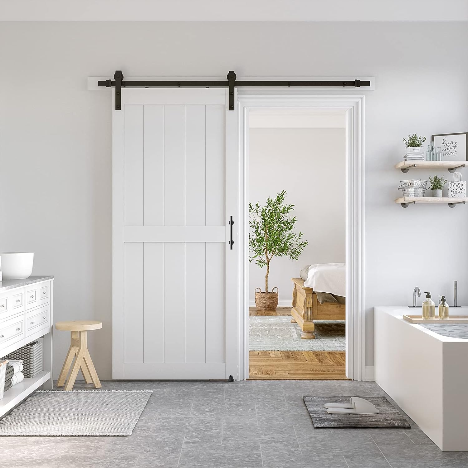 SmartStandard 36 x 80 inch White Slidng MDF Barn Door with 6.6FT Black Sliding Door Hardware Kit & Handle, Pre-Drilled Ready to Assemble, Waterproof PVC Coating, H-Frame