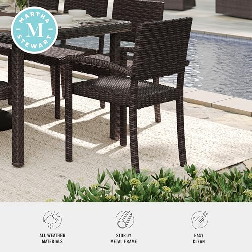 Martha Stewart Bedford Indoor-Outdoor Stackable Patio Armchairs with Rattan Wicker Finish in Brown, Set of 2