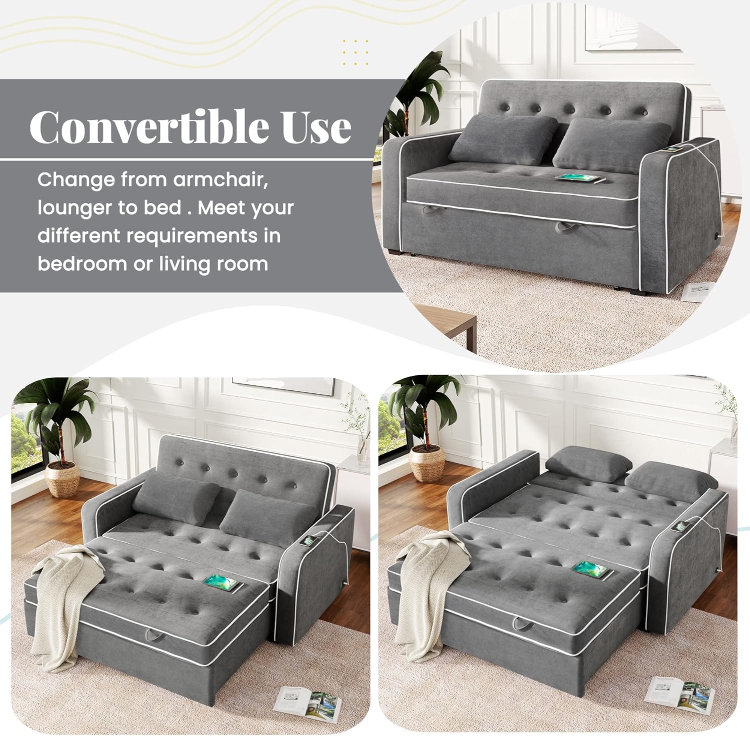3 in 1 Multi-Functional Pull Out Sofa Bed , Linen Upholstered Convertible Sleeper Loveseat Couch Guest Daybed with Adjustable Backrest and Dual USB Charging Port for Living Room Office RV Furniture