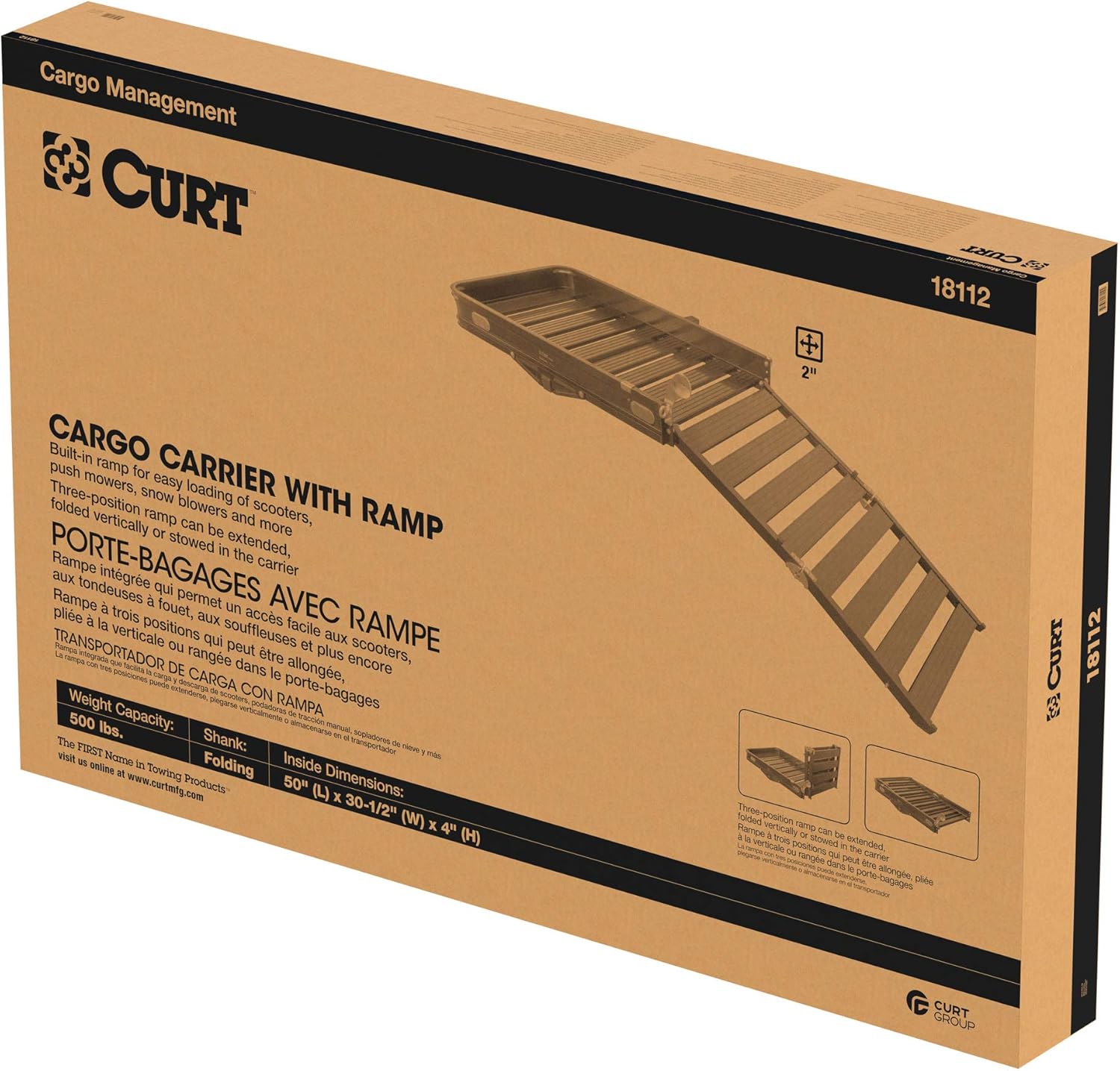 CURT 18112 50 x 30-1/2-Inch Black Aluminum Hitch Cargo Carrier with Ramp, 2-in Folding Shank