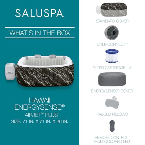 Bestway SaluSpa Hawaii EnergySense Smart Luxe AirJet Inflatable Hot Tub Spa (71" x 71" x 26") | Features LED Lights and App-Control | Fits Up to 4-6 Persons