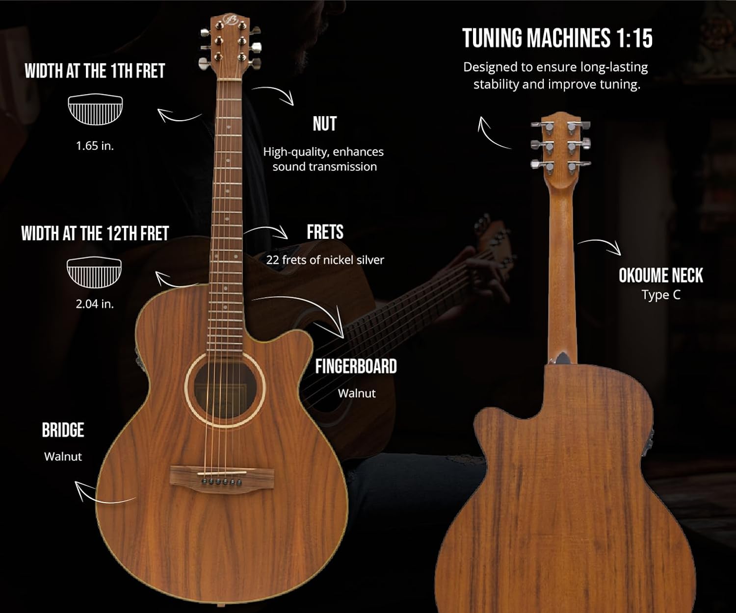 Bamboo Acoustic Electric Guitar 40" Acacia Cutaway Guitar. Beginner Kit for Adults ands Teens with Gig Bag, Pick, Tuner, Strings, Capo, Strap, pickguard and Truss Rod Key.