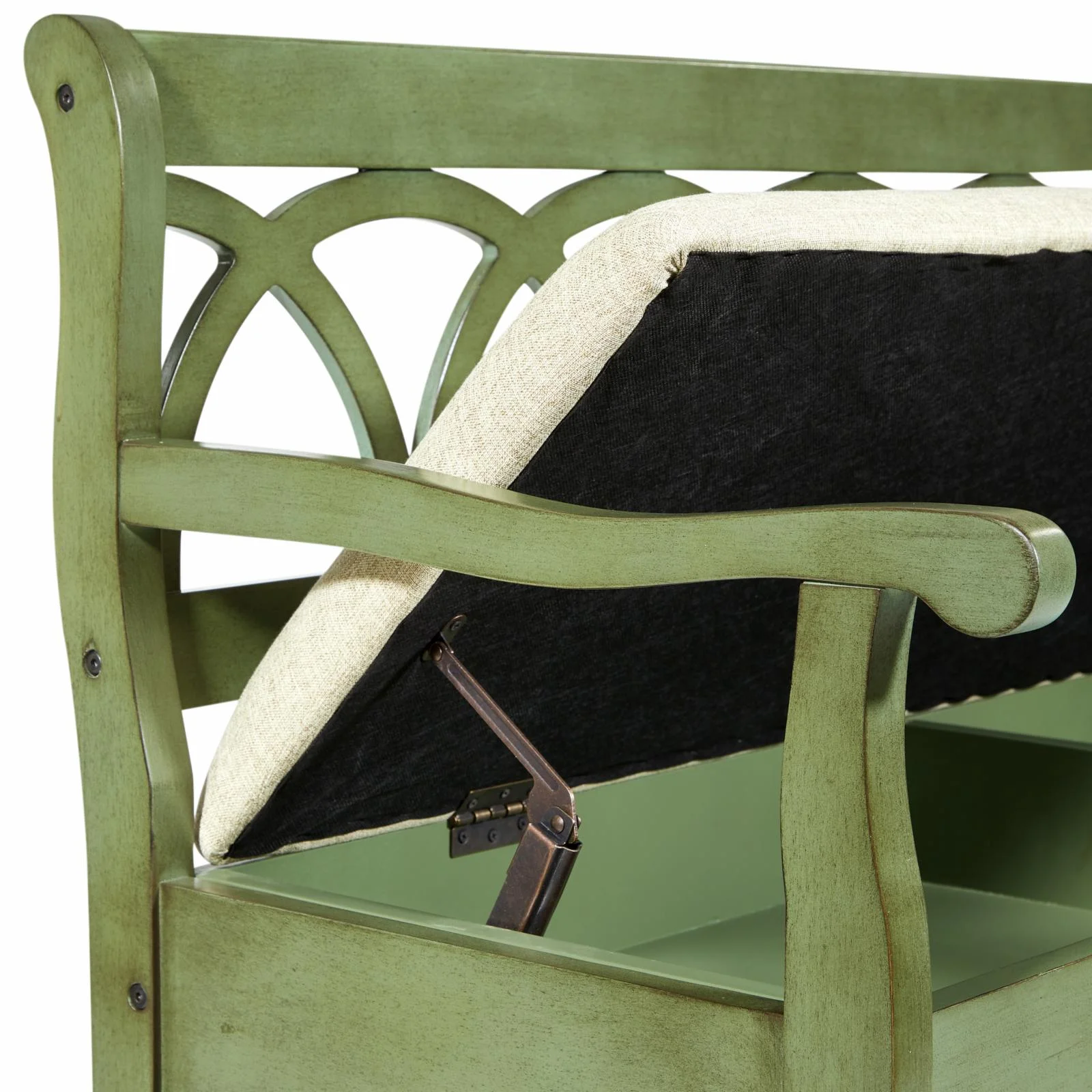 OSP Home Furnishings Coventry Storage Bench in Antique Black Frame and Beige Seat Cushion K/D
