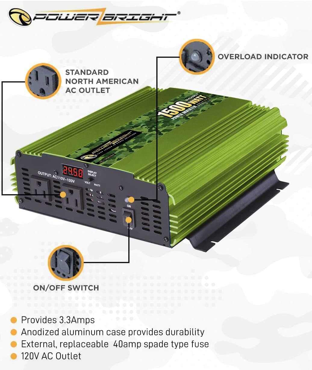 PowerBright 3500 Watt Power Inverter, DC 24V to 120V AC Car Inverter w/ Four AC Outlets, LCD Digital Display & Wireless Remote Control - CE Approved