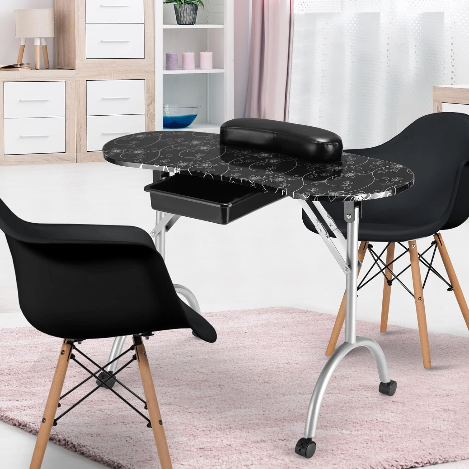 Giantex Portable Manicure Table, Foldable Nail Tech Table with Large Drawer, Wrist Rest, 4 Lockable Casters, Carrying Bag, Nail Salon Table Nail Desk Station for Technician, Black