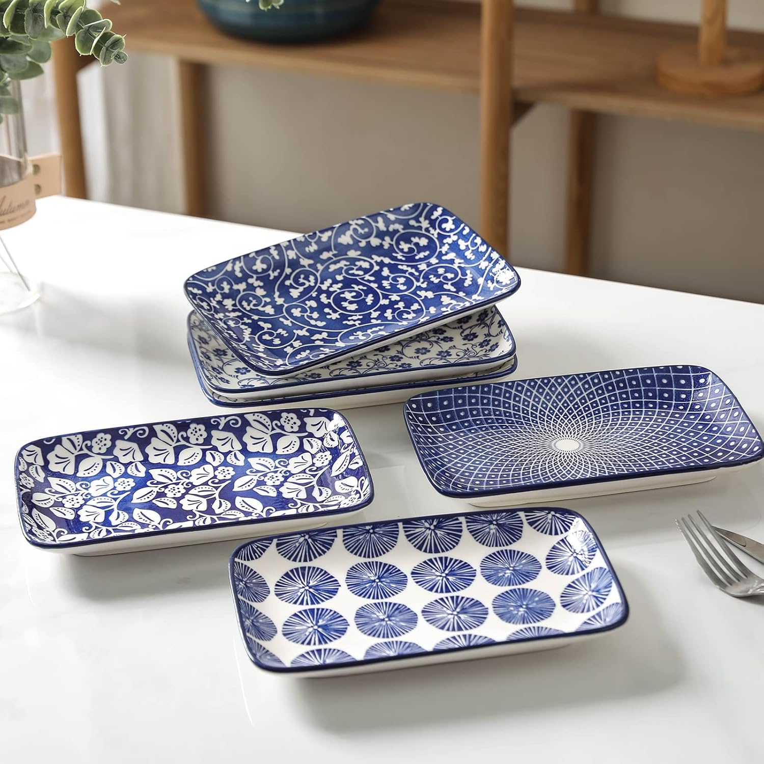 Selamica Ceramic 16 Pieces Dinnerware Set for 4 + 8 Inch Rectangular Salad Plates, Vintage Blue