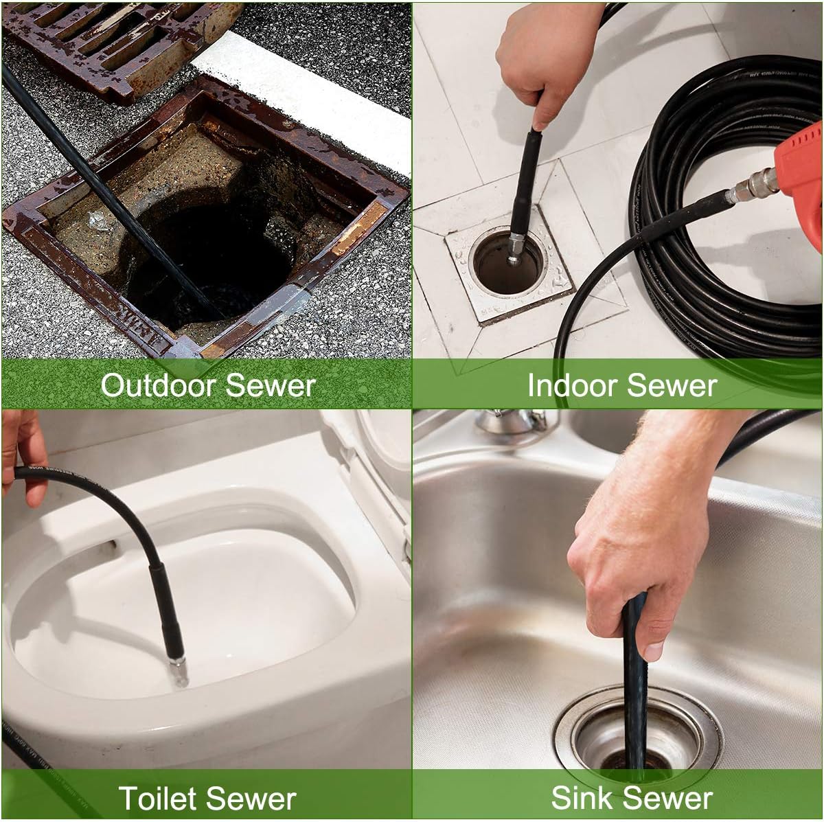 Sewer Jetter Kit 100FT for Pressure Washer, 5800PSI Drain Cleaner Hose 1/4 Inch NPT, Corner, Rotating and Button Nose Sewer Jetting Nozzle Spanner Waterproof Tape Pearl Corsage Pin Pack of 2