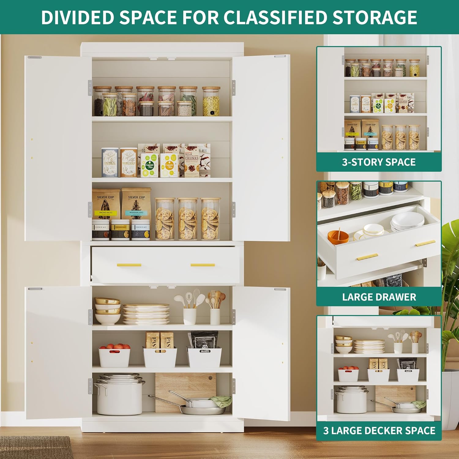YITAHOME Pantry Cabinet, 72" Tall Kitchen Cabinet with Carved Design Doors, Modern Freestanding Tall Cupboard Storage Cabinet with a Drawer ＆ Adjustable Shelves for Kitchen, Living Room, White