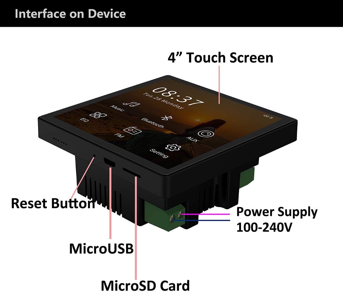 HELMER Wall Mount Bluetooth Receiver Volume Controller, in Wall Stereo Audio Amplifier with Touch Screen for USB, MicroSD Card, FM Radio, Home Speaker System, Black, U1
