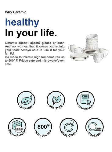 LE TAUCI Dinnerware Sets 12 PCS, Ceramic Plates and Bowls Set, Suit For Housewarming (10" Dinner Plate + 8" Salad Dish + 26 oz Cereal Bowl) x 4, Oven safe - Arctic White