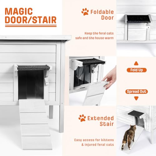BRIOPAWS Outdoor-Cat-House-Insulated | Feral-Cat-Shelter for Winter | Weatherproof | Large Wooden Pet House for Multiple Cats | Foldable Ladder | Acrylic Side Window | Grey