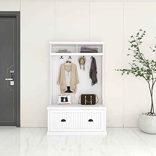 BNSPLY Hall Tree with Bench and Shoe Storage, 3 in 1 Entryway Bench with Coat Rack, Mudroom Bench with 4 Double Hooks, Entryway Furniture for Hallway (White, 40" L x 18.5" W x 64.6" H)