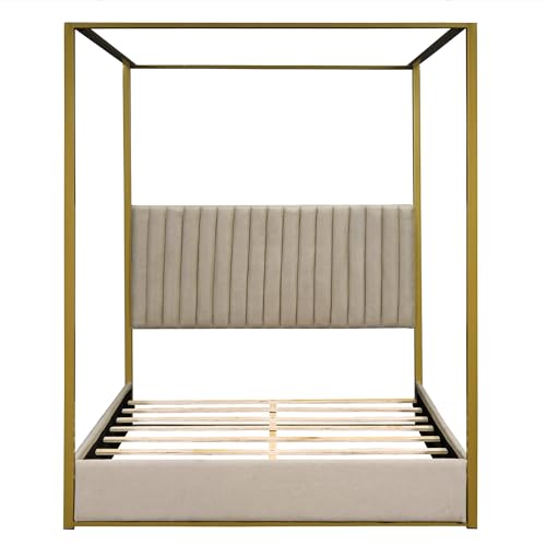 SOFTSEA Upholstery Canopy Platform Bed with Headboard and Metal Frame, Queen Size 4-Poster Canopy Floor Bed Frame for Kids Teens Bedroom, No Box Spring Needed, Beige