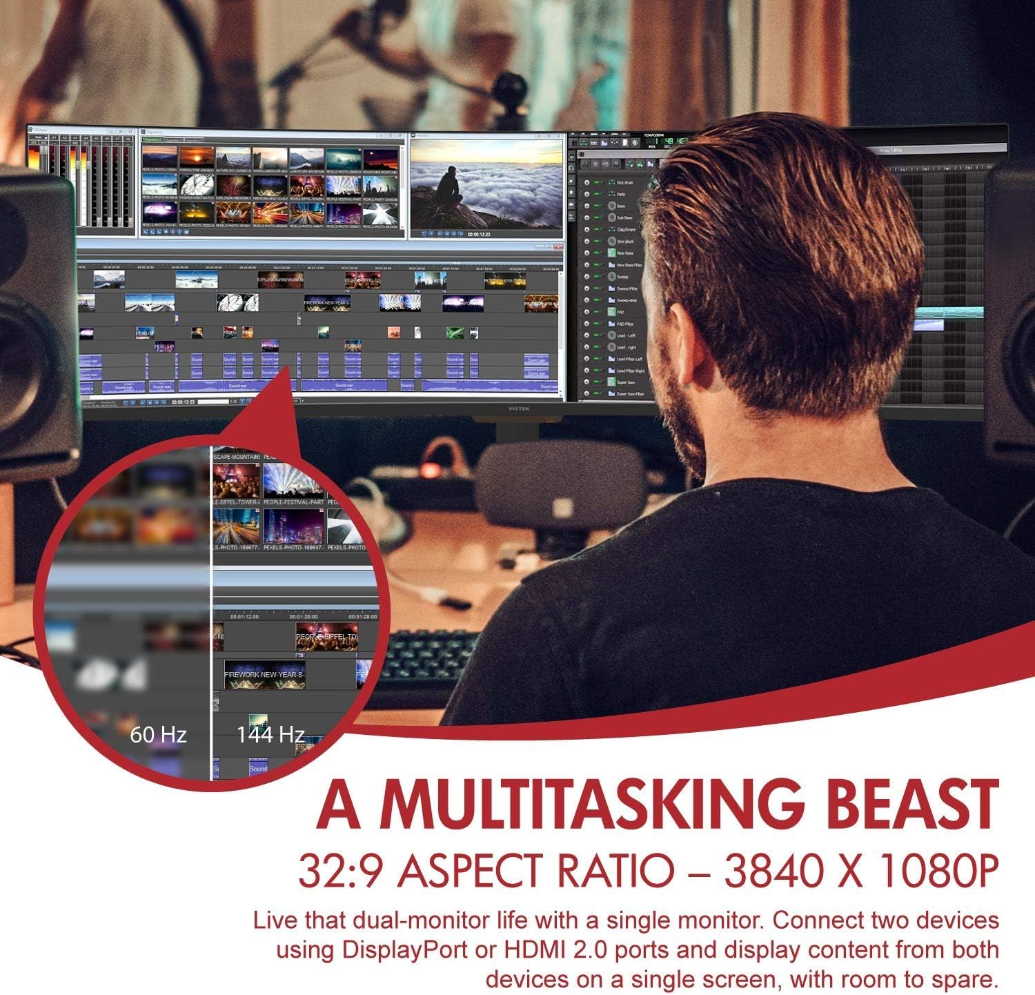 VIOTEK SUW49C 49-Inch Super Ultrawide 32:9 Curved Monitor with Speakers, 144Hz HDR 6ms 3840x1080p, FreeSync, GamePlus, VESA & More