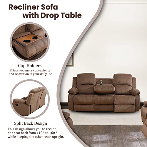 Recliner Sofa Set Living Room Furniture, Flannel Fabric Reclining Sofa Set, Recliner Couch Set with Cup Holders and Storage Console (Sofa and Loveseat Set, Dark Grey)
