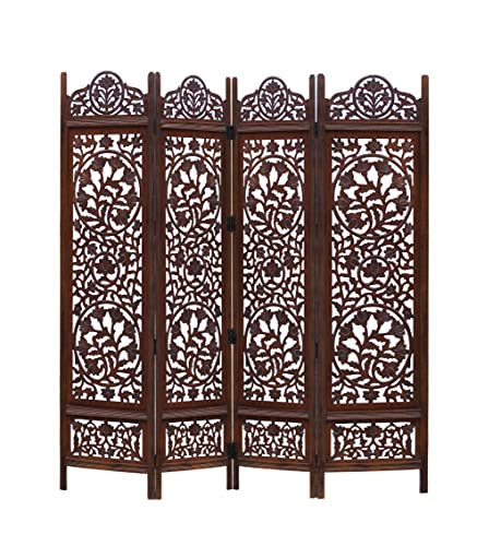 Room Divider Wood Screen - Ghanti Bells Antique Brown - 4 Panel Folding 72 x 80 - Assembled Hand Carved Decorative Functional Versatile Portable Partition Reversible Privacy Boho - COTTON CRAFT