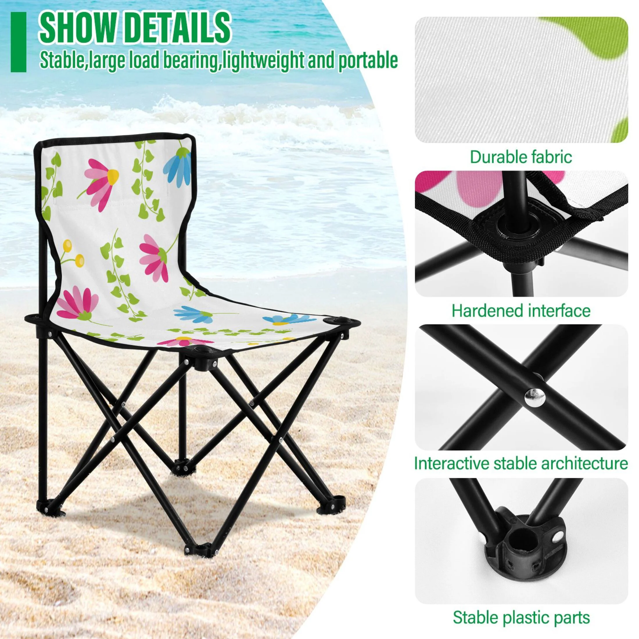 Pink Floral Green Leaves Portable Camping Chair Outdoor Folding Beach Chair Fishing Chair Lawn Chair with Carry Bag Support to 220LBS