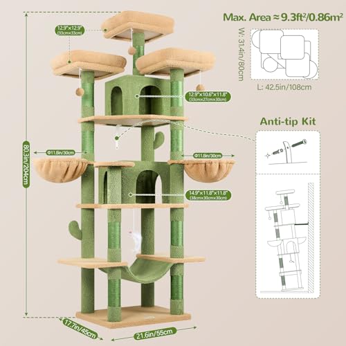 Globlazer Big Cat Tower for Indoor Cats, 80inch Cat Tower for Multiple Adult Cats XXL Cat Tree with Scratching Post, Hammock, 3 Perches, 2 Condos, 2 Hanging Basket, F80, Light Grey