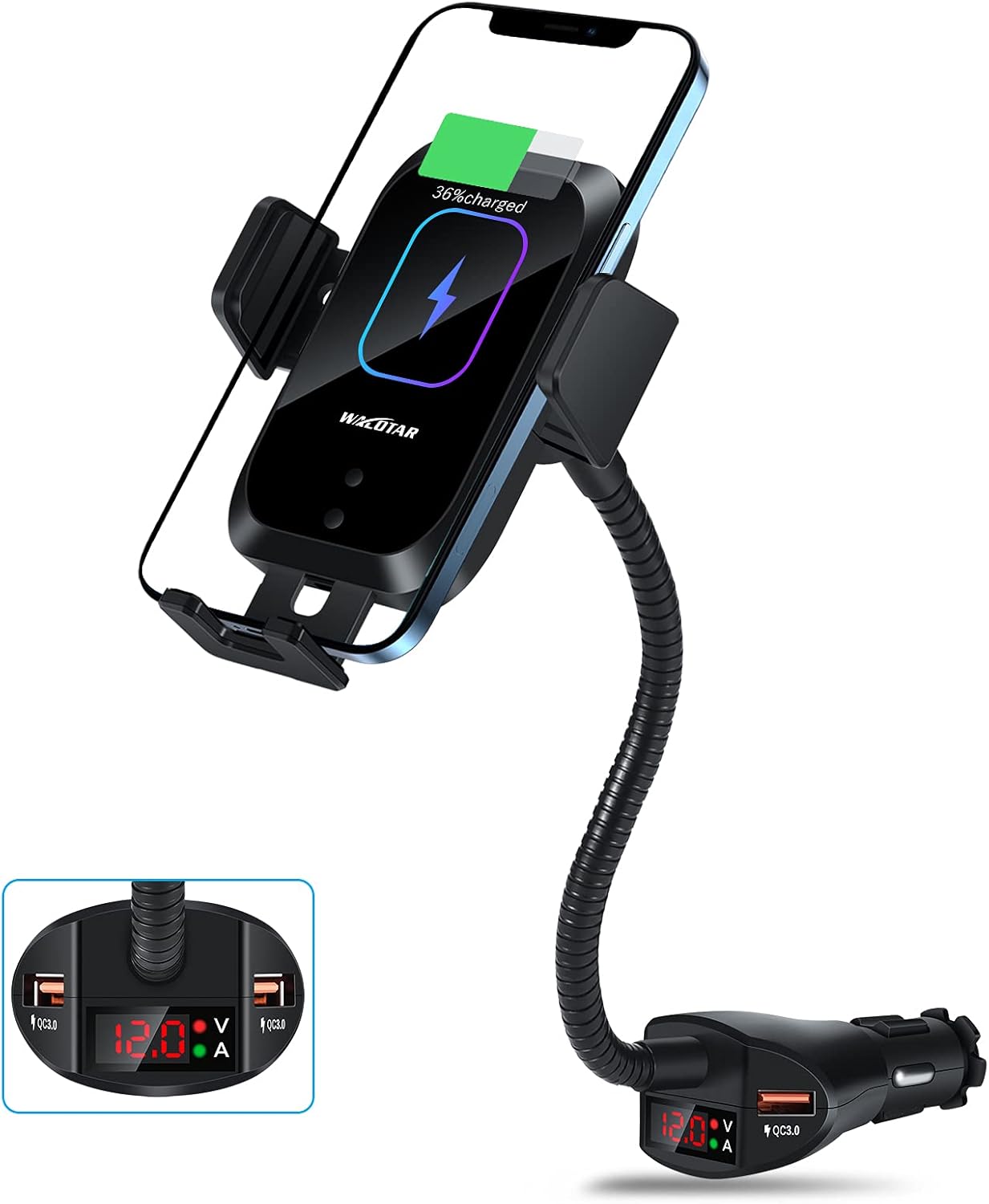 Car Cigarette Lighter Wireless Charger- Phone Holder Mount,Automatic Infrared Smart Sensing 15W Qi Fast Wireless Charging Cradle for Cell Phone,Dual USB, Double QC3.0 Output Pack of 2