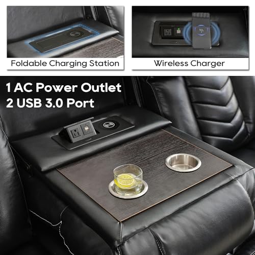 Manual Recliner Sofa Set with Wireless Charger for Living Room, Leather 3 Seater Reclining Sofa and Loveseat Seating Couch with Bass Speakers, LED Lights,Home Theater Love seat Sets with Console, Grey