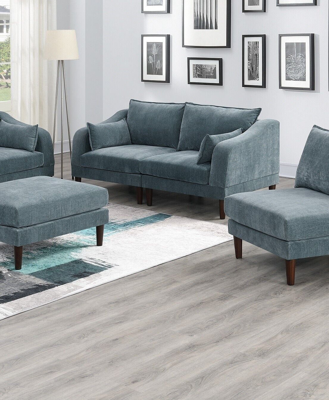 Living Room Classic 7pc Modular Sofa set 4x Corner Wedge 2x Armless Chair 2x Ottoman Mineral Morgan Fabric Cushion Couch