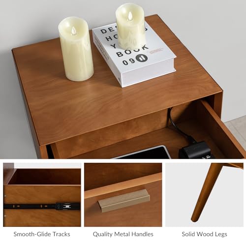 HULALA HOME Nightstand with Charging Station, Mid-Century Modern Nightstands, Wood Night Stand with USB Ports and Outlets for Bedroom, Acorn