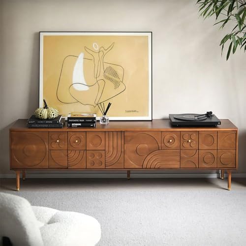 POVISON Mid-Century Modern TV Stand, Walnut Modern TV Stand with Storage for Living Room, Entertainment Center, Wood TV Media Console, Fully-Assembled(Walnut, 70.87")