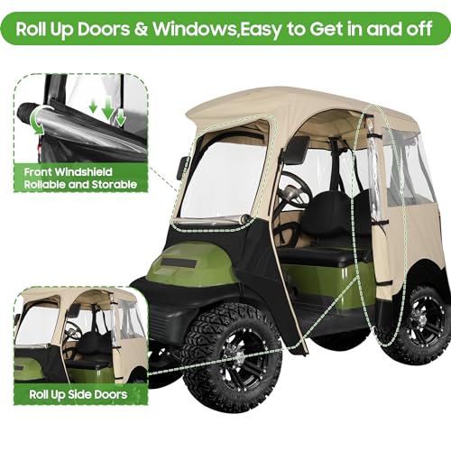 10L0L Golf Cart Driving Enclosure for 2 Passenger Club Car Precedent, Onward & Tempo, 600D Deluxe Heavy Duty Oxford Cloth Waterproof Windproof Golf Cart Rain Cover (Black/Beige)