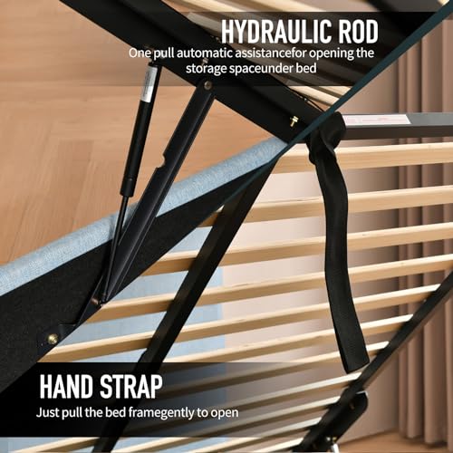 Hydraulic Lift Storage Bed, Queen Upholstered Bed Frame with Linen Headboard, Ample Storage Space, Wooden Slat Support, No Box Spring Required (Beige, Full)