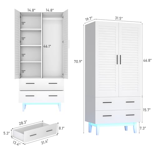 3 Door Armoire Wardrobe Closet Cabinet with Drawers and LED Lights, Multi-Tier Shelves, Hanging Rod & 3 Louver Doors, Large Capacity Storage Wardrobe Armoire for Bedroom, White