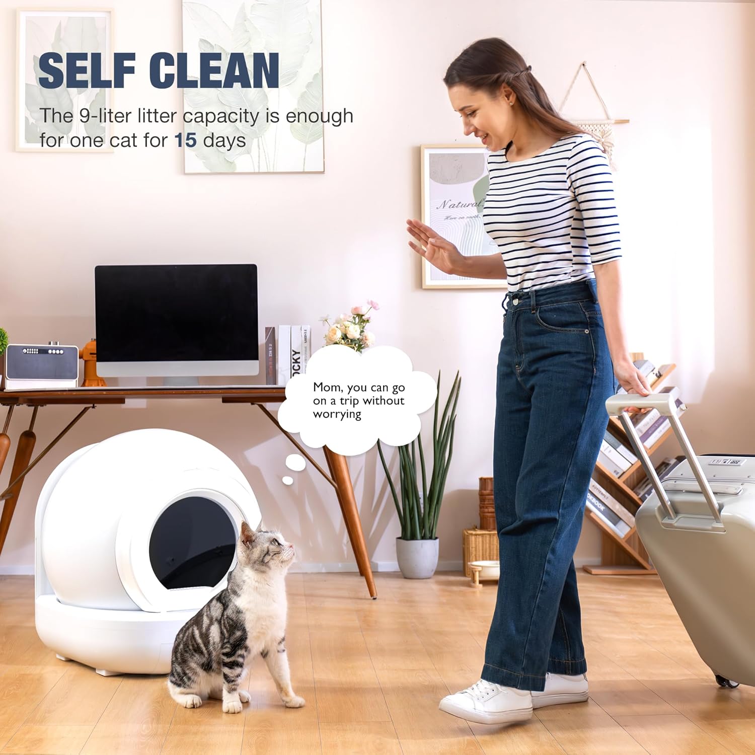 Self Cleaning Litter Box，Large Capacity Automatic Cat Litter Box for Multi Cats, APP Control/Safety/Low Noise/Easy to Use Fully Litter Box，Anti Pinch Kitty Litter Box (Pure White)