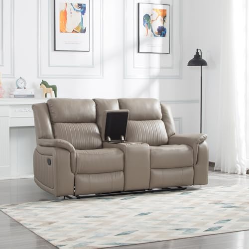 Sofa Chair, Reclining Sofa Couch with Pillow Top Armrest, 2 Built-in Aluminum Cup, Storage, Double Recliner RV Sofa & Console for Home Theater Living Room