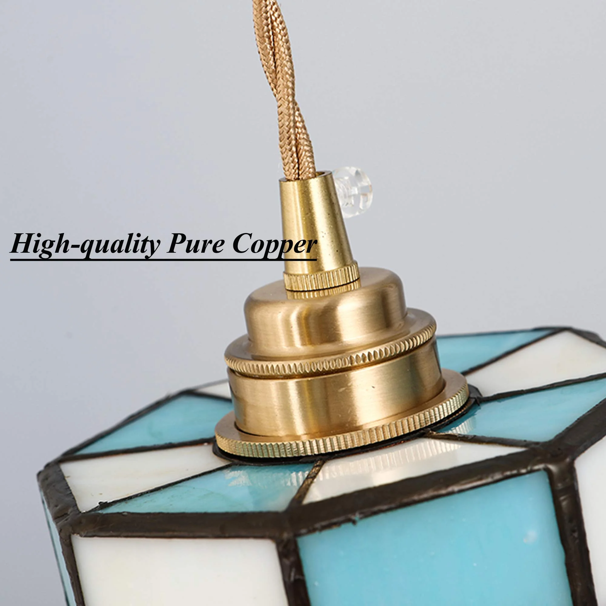 FSLiving Hanging Swag Lamp Pendant Light with 15ft Plug-in UL Dimmable Cord Brass Finished E26 Socket Tiffany Blue Streak Glass Lamp Nordic Industrial Hanging Lamp,Bulbs Not Included - 1 Pack