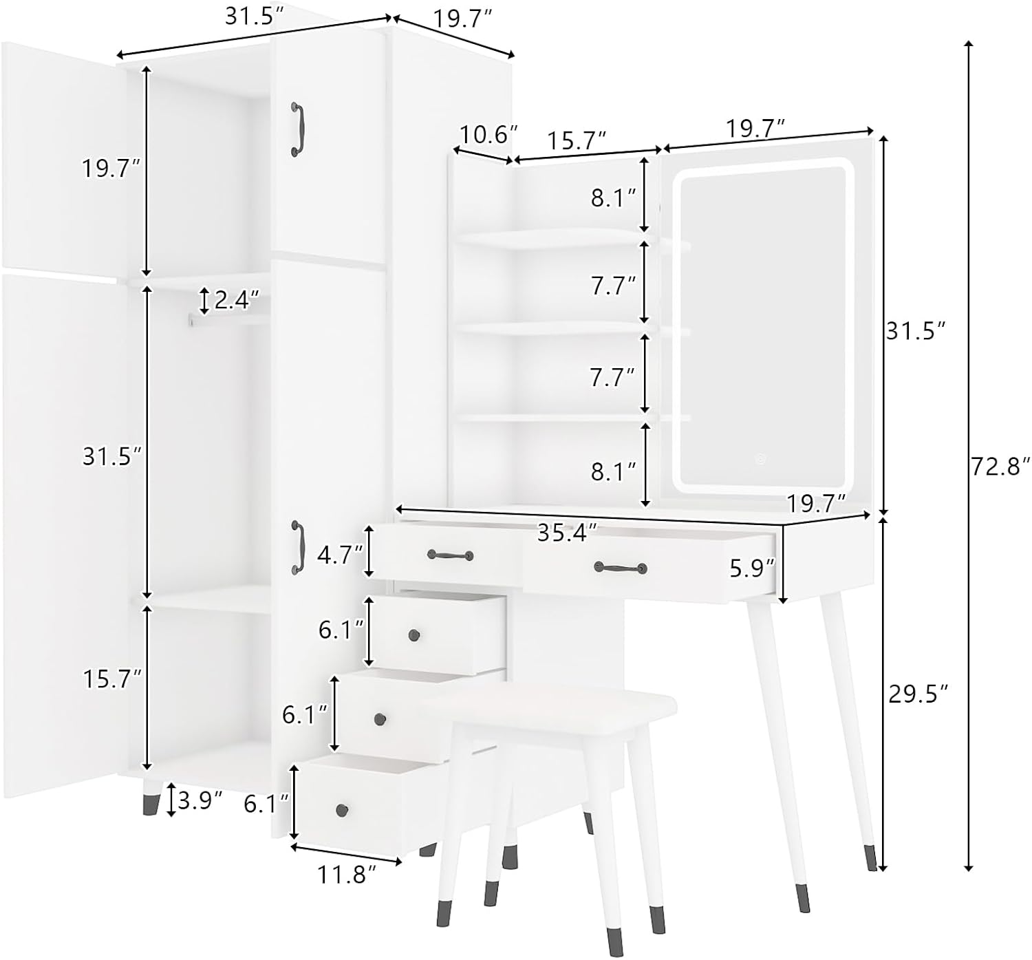 Makeup Vanity Table and Large Armoire Wardrobe Set, Dressing Table with LED Mirror and Power Outlets and 5 Drawers, 4 Door Bedroom Closet, White
