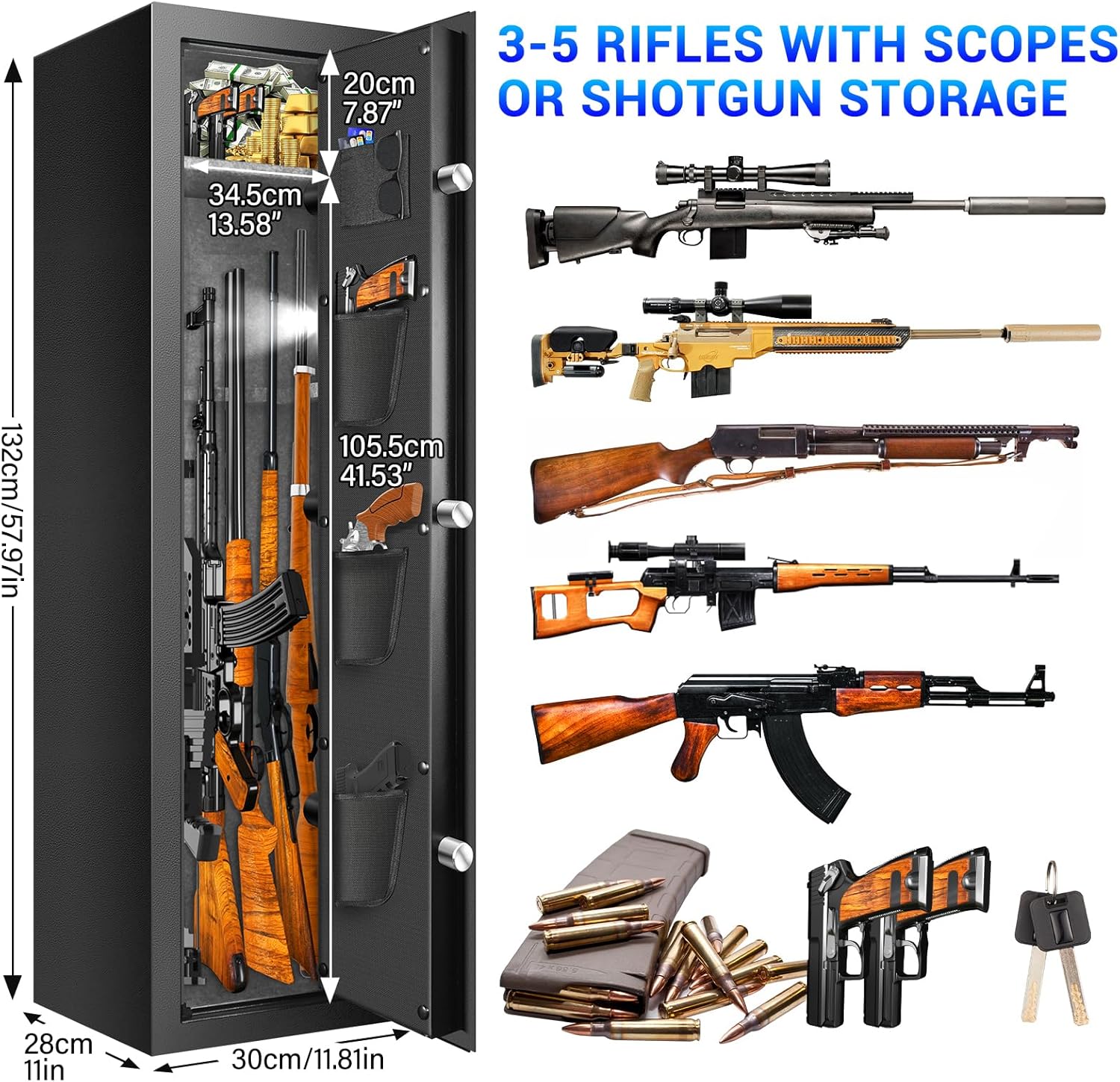 Fireproof Gun Safes for Home Rifle and Pistols, Heavy Duty Anti-Theft Long Gun Safes for Rifles and Shotguns with 3 Pistol Pockets, Gun Safe Rifle with LCD Digital Screen Removable Shelf(US Stock)