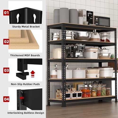 5 Tier Garage Storage Shelves - 32" W x 16" D x 63" H Adjustable Heavy Duty Metal Shelving Unit, Garage Shelving Utility Storage Rack for Basement, Pantry, Kitchen, Black, 2 PCS