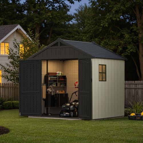 Patiowell 8 x 12 FT Plastic Outdoor Storage Shed with Floor, Resin Shed with Window and Lockable Door for Garden, Backyard, Tool Storage Use, Easy to Install in Beige (Kick-it Shed)