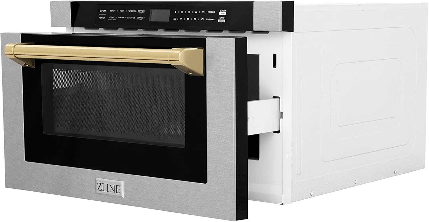 ZLINE Autograph Edition 24" 1.2 cu. ft. Built-in Microwave Drawer with a Traditional Handle in Fingerprint Resistant Stainless Steel and Gold Accents