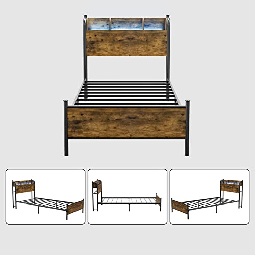 Queen Bed Frame with LED Lights and Charging Station, Queen Platform Bed with Storage Shelf Headboard, Strong Metal Slats Support, No Box Spring Needed, Noise Free, Easy Assembly - Black