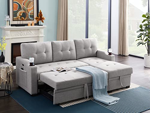 LSOFA 83 Inch Convertible L Shaped Sleeper Sectional Sofa Linen with Storage Chaise, Pull Out Bed, Cup Holder, USB Charging Port, Side Pocket, Reversible Corner Couch Design, 83, Light Grey4