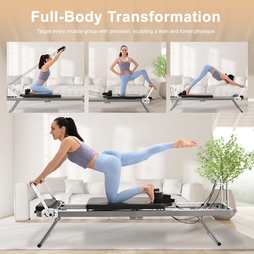 Foldable Pilates Reformer, Home Pilates Reformer Machine -Perfect for Tall People-5 Metal Resistance Springs-Up to 440 lbs Weight Capacity for Intermediate and Beginners Users