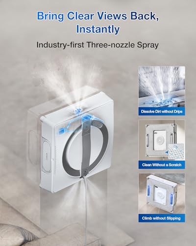 ECOVACS Winbot W1 Pro Window Cleaning Robot, Intelligent Cleaning with Dual Cross Water Spray Technology, Win SLAM 3.0 Path Planning, 2800Pa Suction Power, Edge Detection Technology, App Control,Grey