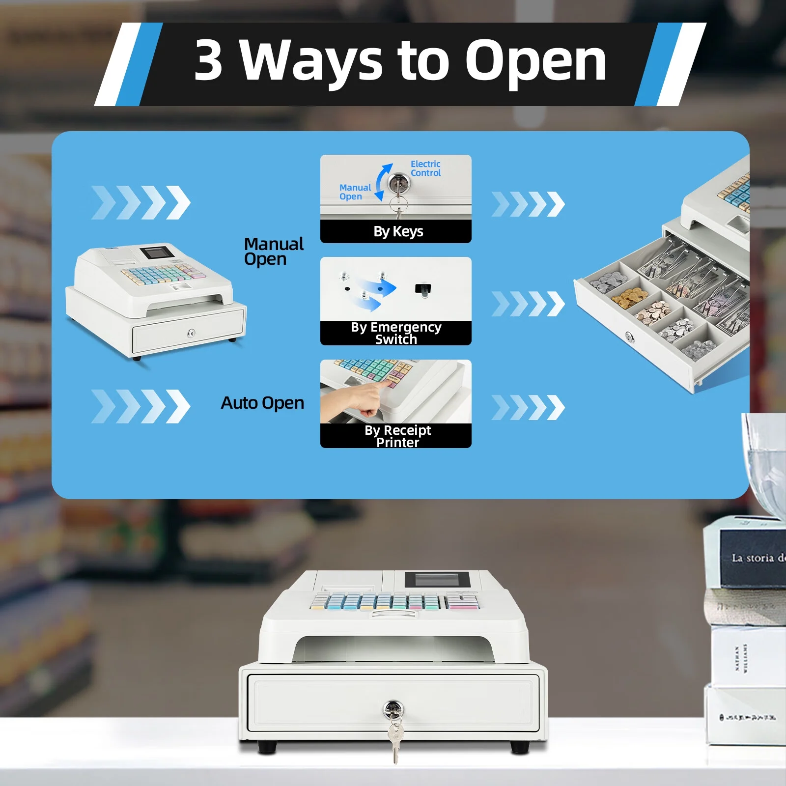 Aiqidi Electronic Cash Register POS Syetem 48 Keys 8 Digital LCD Display Casher with Flat Keyboard and Drawer Box for Retail Restaurant Shop 110V