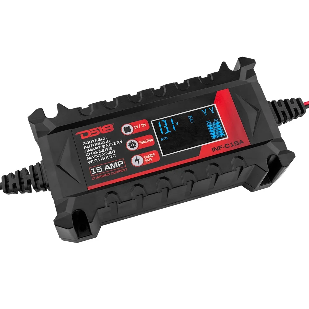 DS18 INF-C15A 6V/12V Portable Automatic Smart Lithium and AGM Car Battery Charger & Maintainer with Boost 15A